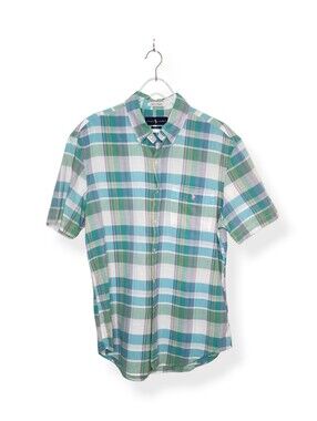 Ralph Lauren Slim Fit Madras Plaid Short Sleeve Shirt Green Blue Mens Size Large